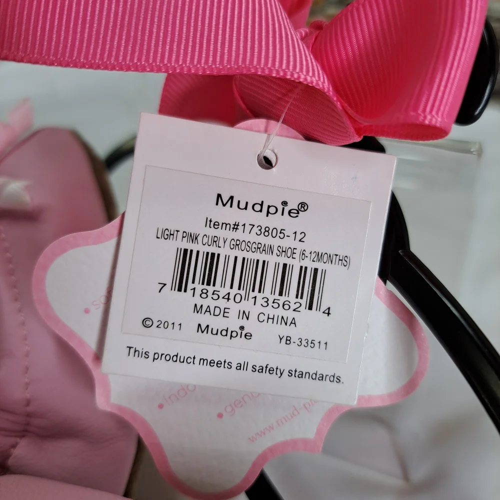 'MUD PIE' LEATHER SLIP-ON SHOES BABY GIFT SET CURLY GROSGRAIN ACC. ROUND TOE